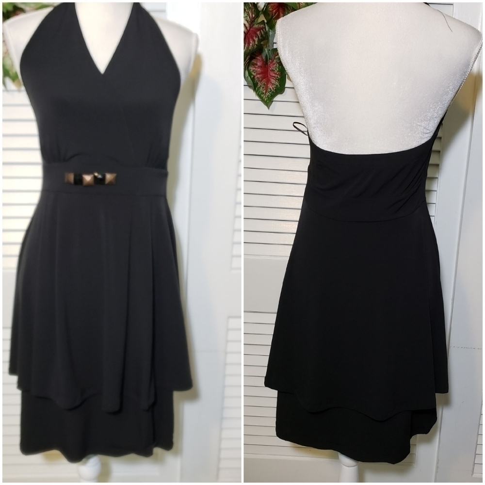 Style & Co Black Halter Dress M Tiered Skirt EUC